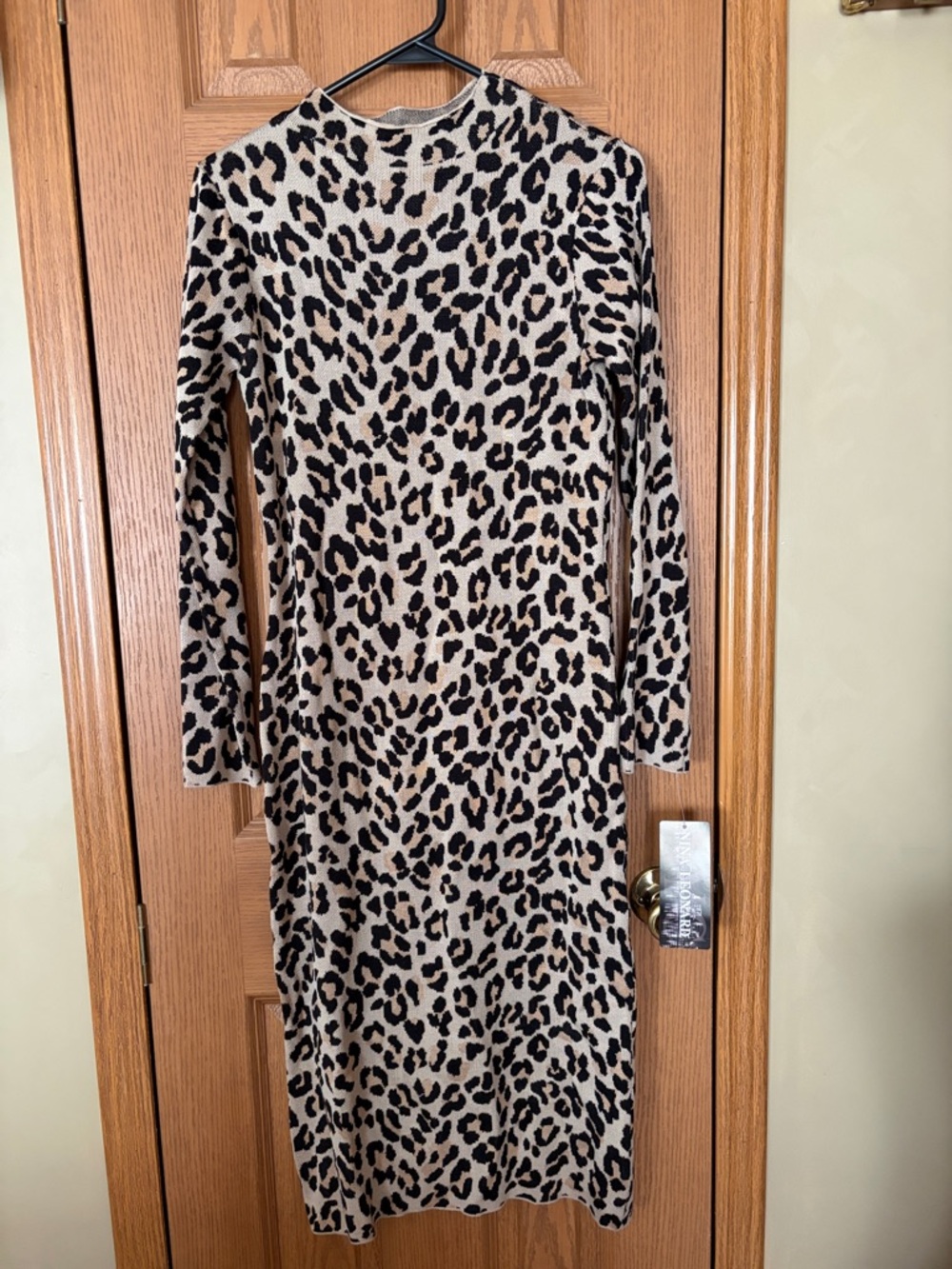 Nina Leonard Leopard-Print Long Sleeve Midi Dress in Tan and Black